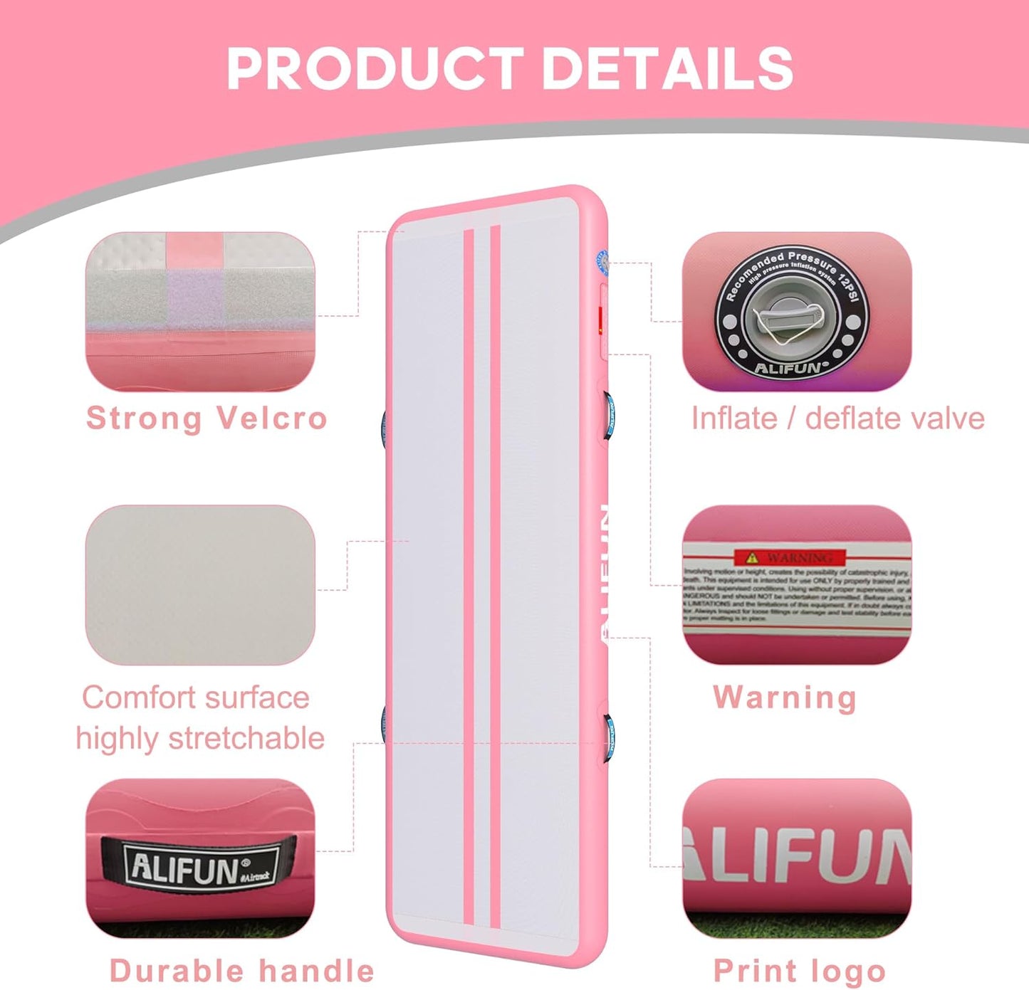 Aufblasbare Gymnastik-Tumbling-Matte mit Luftpumpe, LightPink 300*100*15 cm