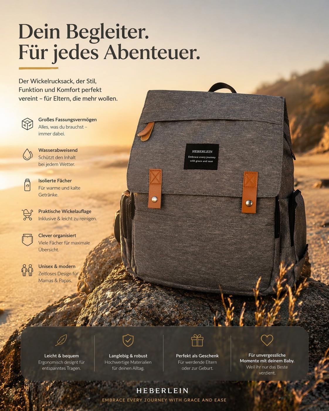 Wickelrucksack mit Wickelauflage & Befestigung, Grau