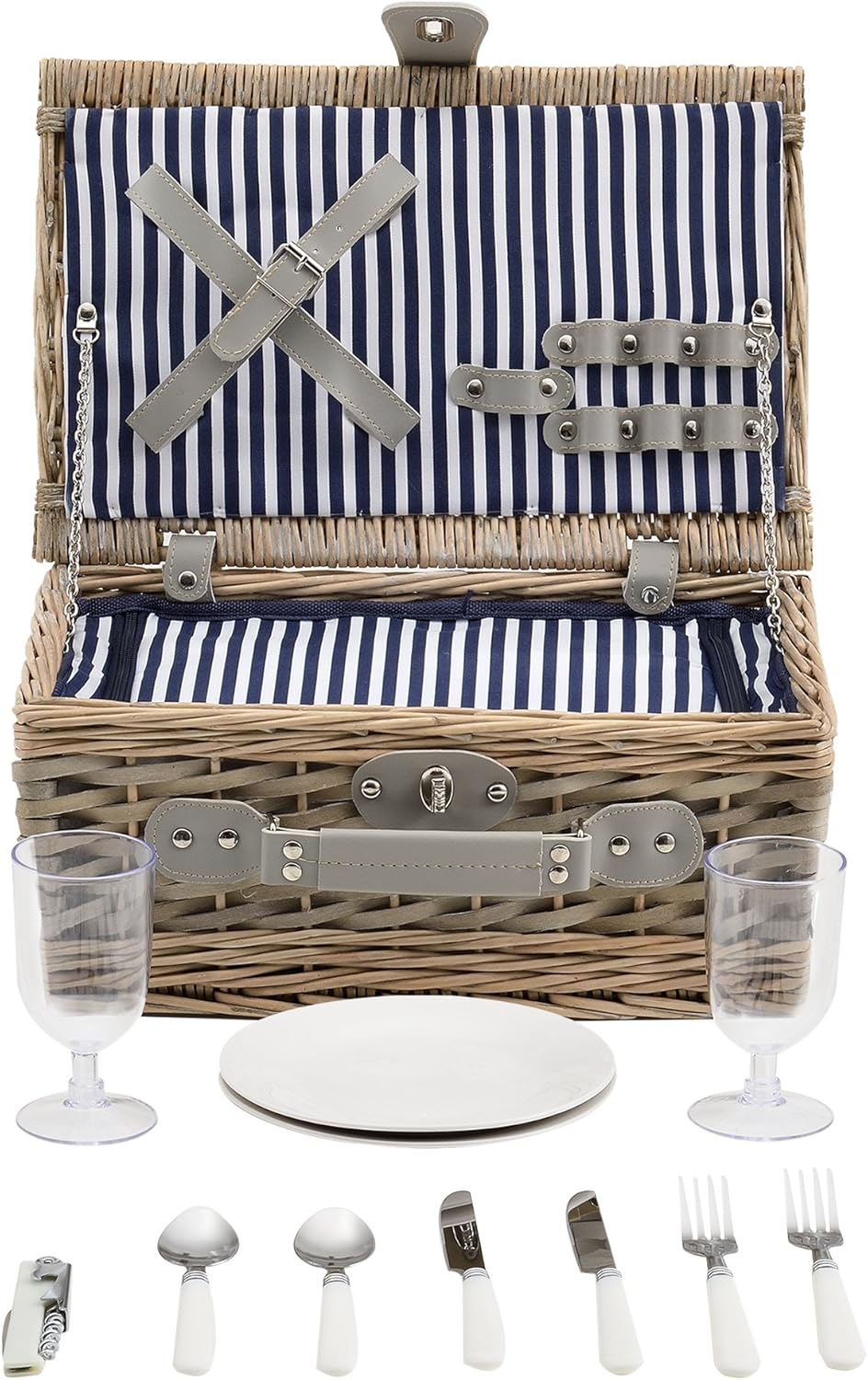Picknickkorb-Set für 2 Personen mit Kühltasche, Blau-weiss 38 x 25 x 16 cm