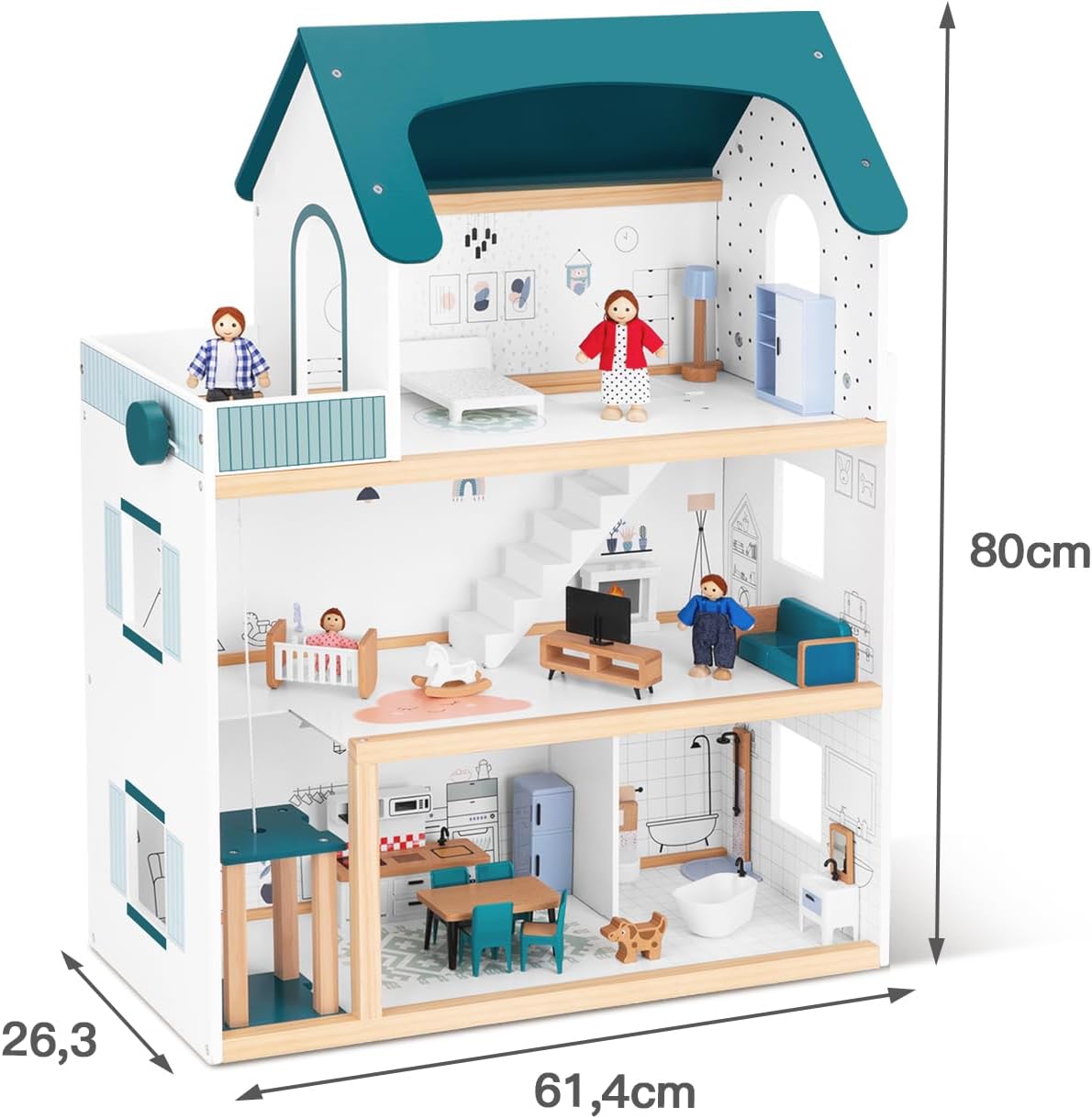 Grosses Puppenhaus mit Aufzug und Zubehör, Puppenhaus Holz+ Möbel