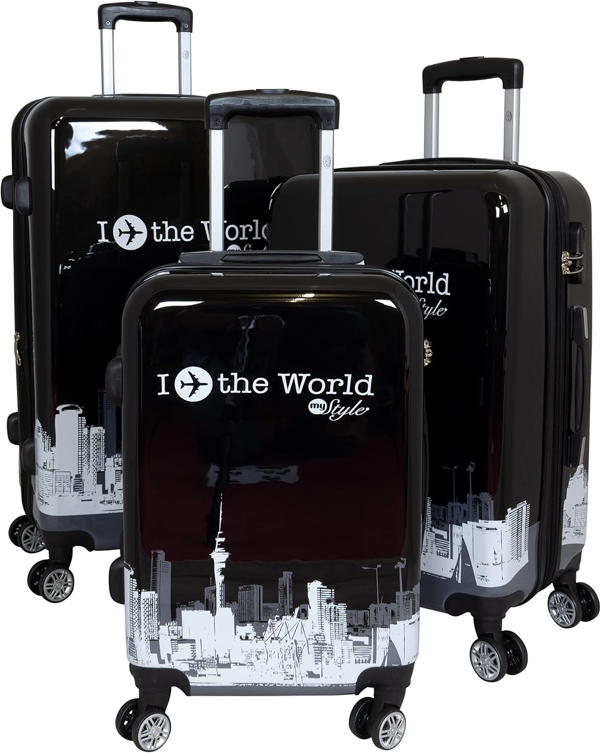 3-teiliges Hartschalen-Kofferset mit Städte-Motiv, Kofferset 3-teilig Fly The World Schwarz