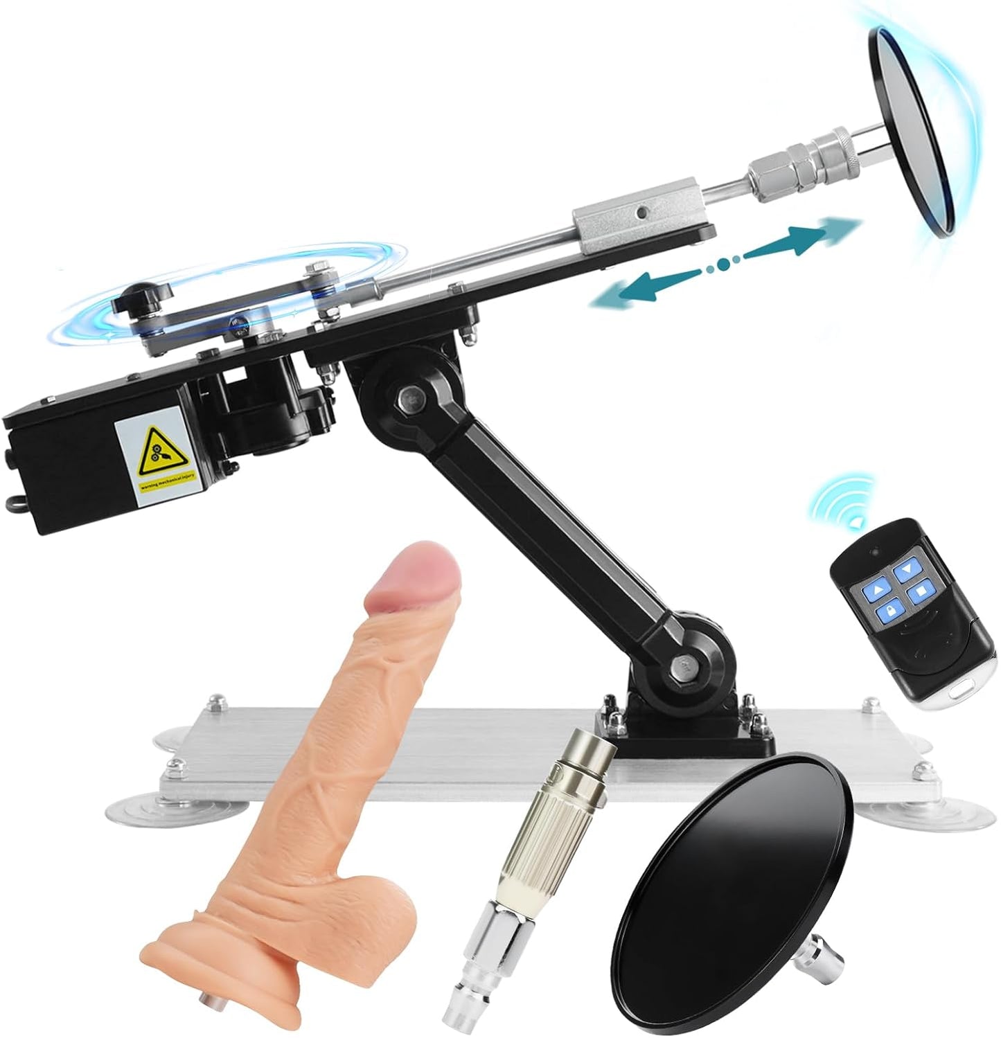 Fickmaschine mit Dildo, Fernbedienung und Adapter, Silber mit Schwarz