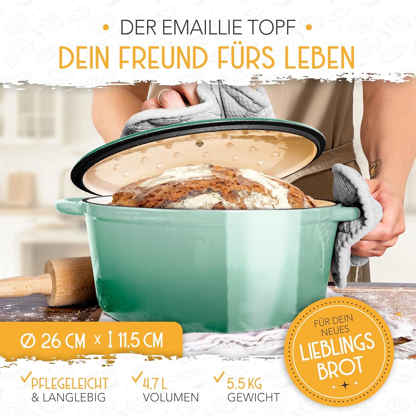 Gusseisen-Topf zum Brotbacken mit Gärkorb, Mintgrün Topf