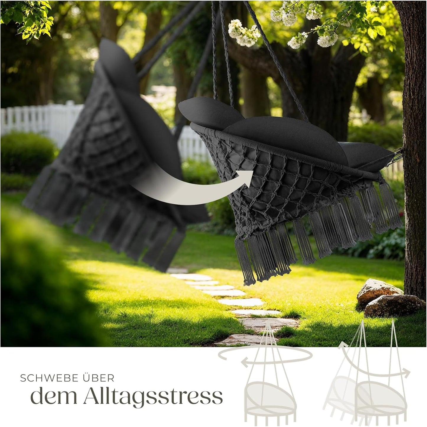 Boho Hängesessel mit dickem Kissen & Gestell, Schwarz