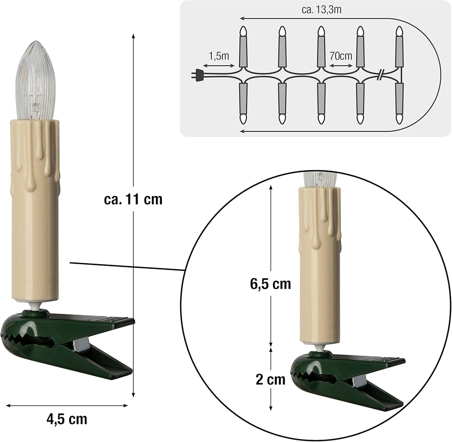 Weihnachtsbaum-Lichterkette mit Wachstropfen, Elfenbein 16,3 m (20 BS) / Filament