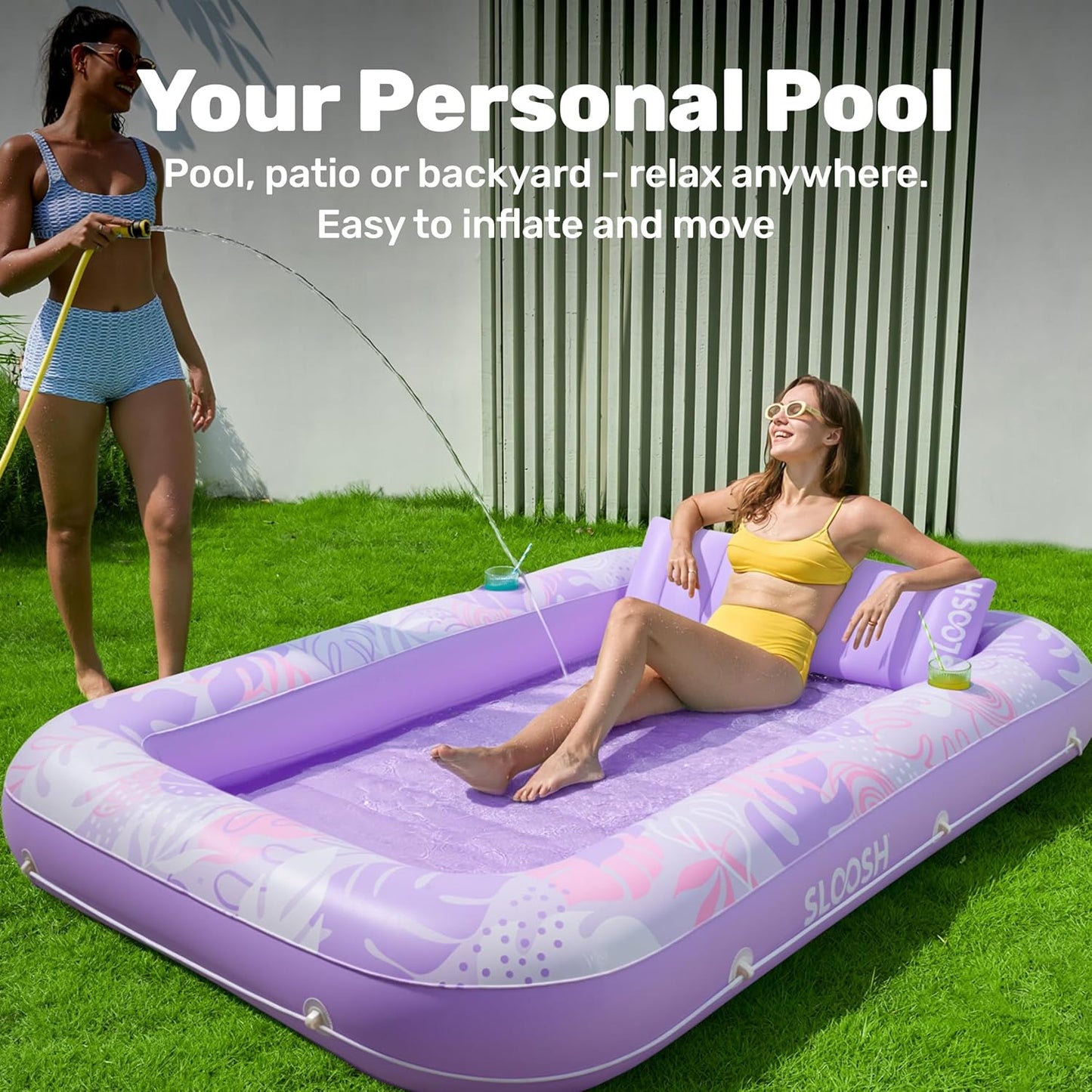 Aufblasbarer 4-in-1 Sonnenliegepool mit Kissen und Getränkehalter, Lila Tropen XL