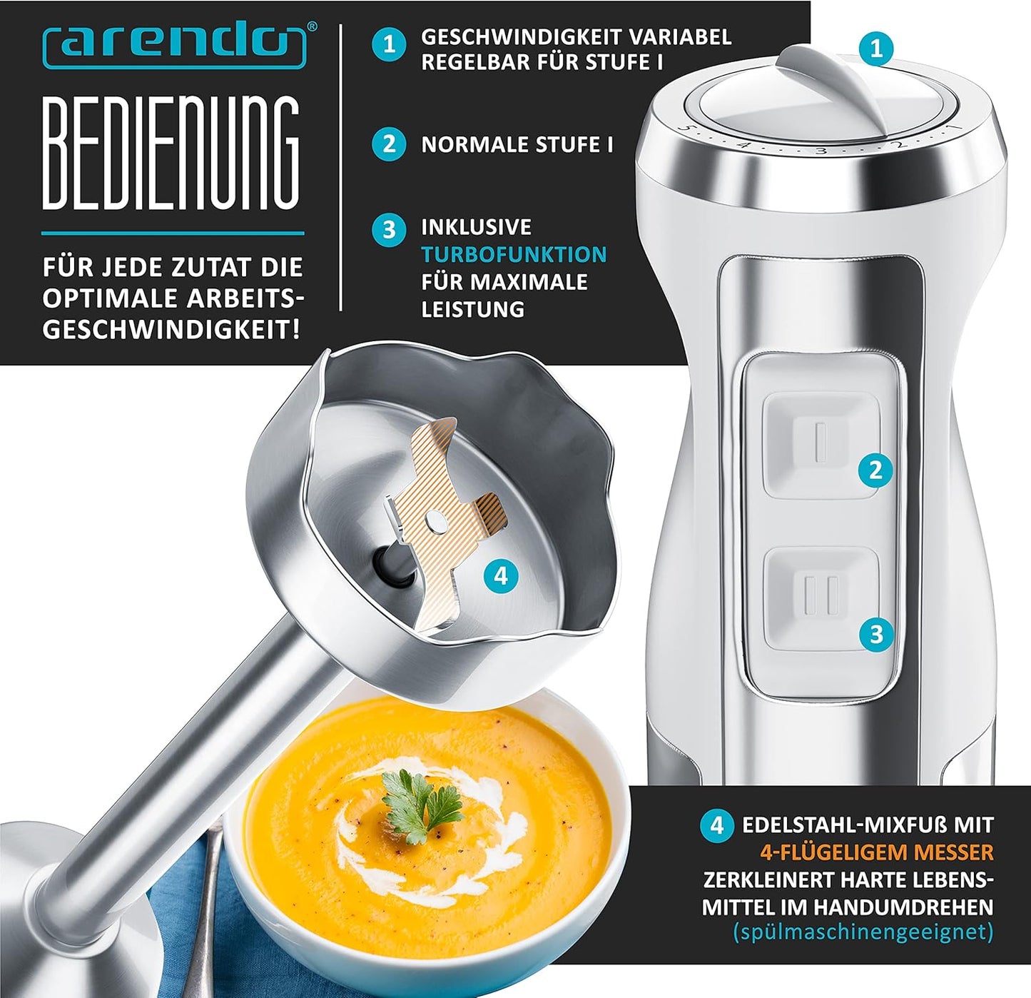 Stabmixer Set Mano mit Turbotaste und Messbecher, B : Weiss