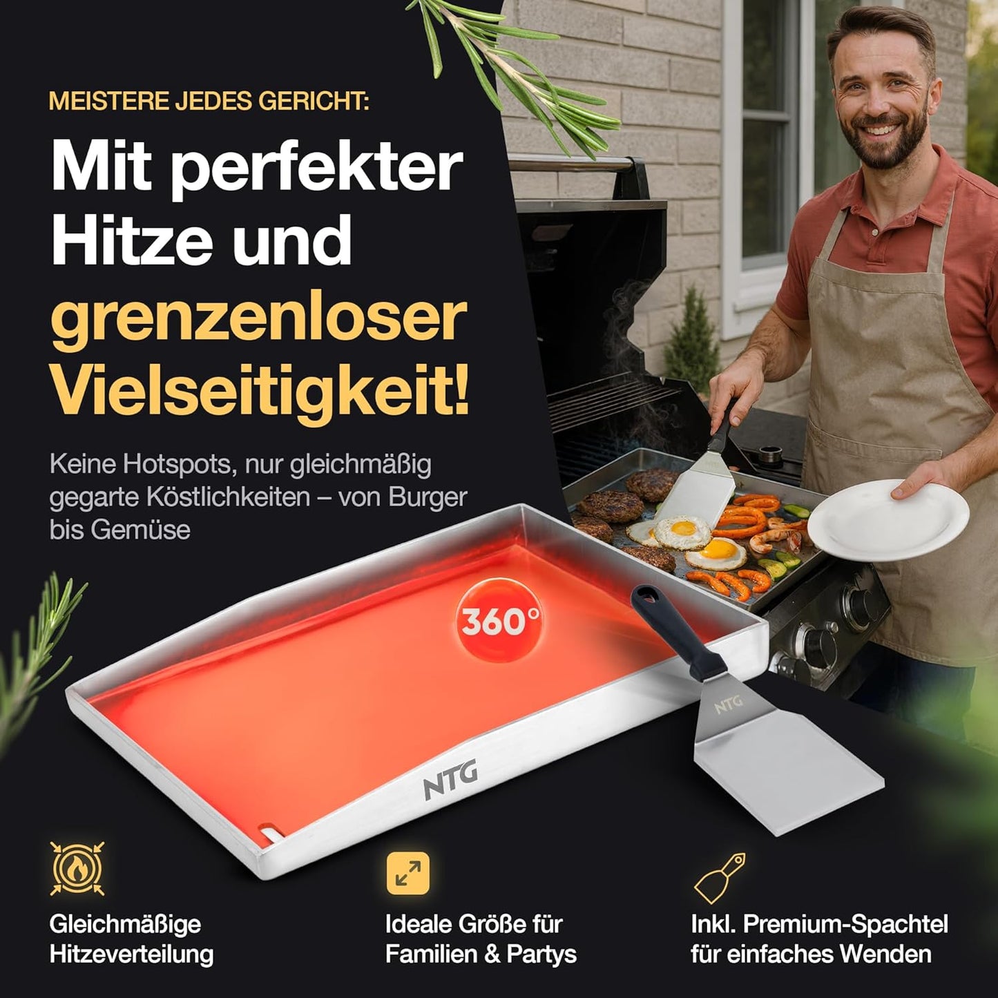 Grillplatte mit Fettablauf und Grillspachtel