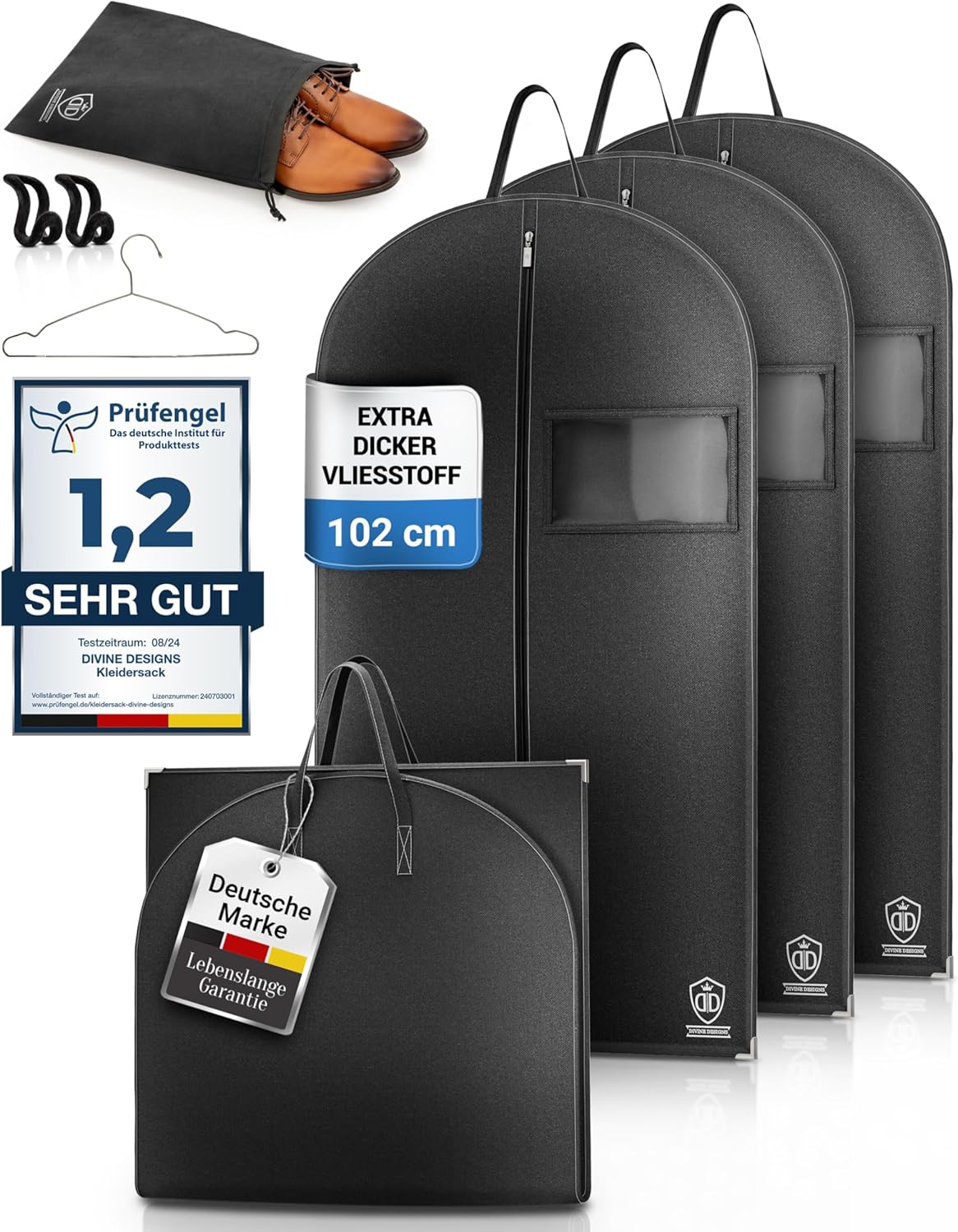 3er-Set Kleidersack mit Schuhbeutel, 102x60cm + Zubehör 3 Stück - Schwarz