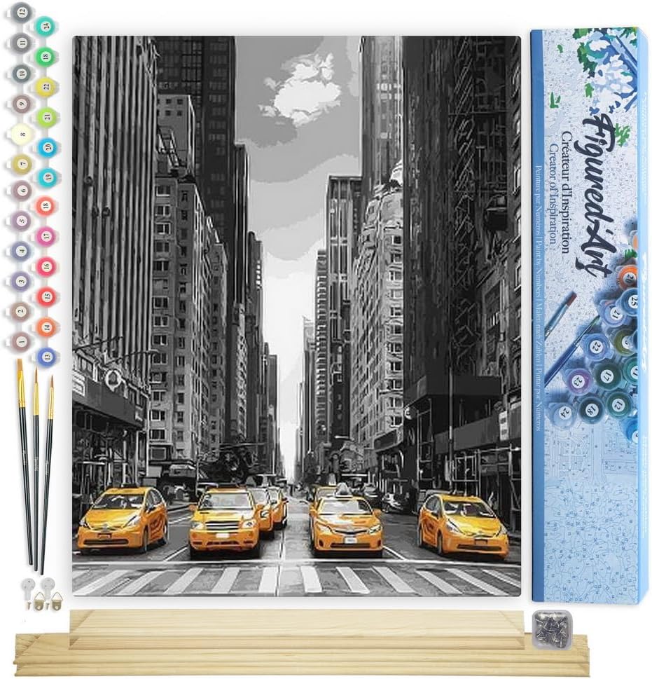 Malen nach Zahlen Set - Moderne Stadt und gelbe Taxis, Moderne Stadt und gelbe Taxis 40x50cm Mit Keilrahmen (nicht gespannt)