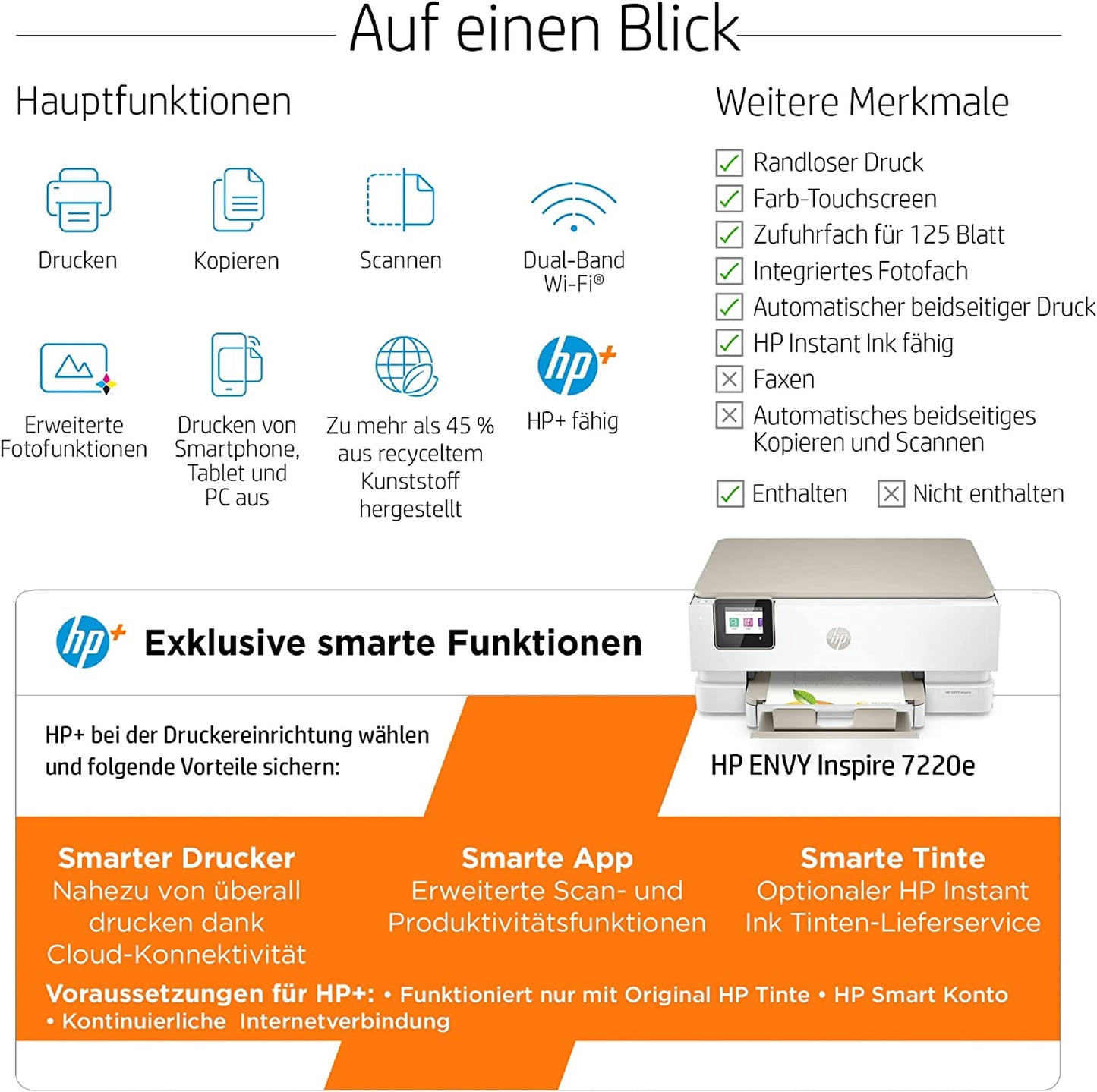 ENVY Inspire 7220e All-in-One, Multifunktionsdrucker, Ohne Stapeleinzug