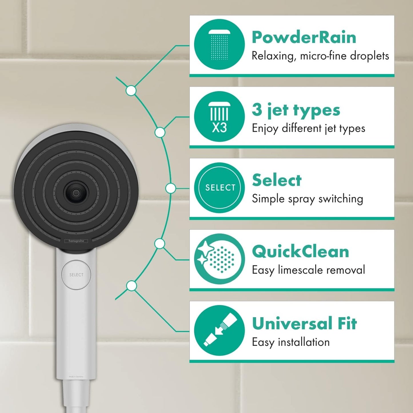 Pulsify Select S 105 Activation, Mattweiss 3 Strahlarten mit PowderRain und MonoRain-Strahl