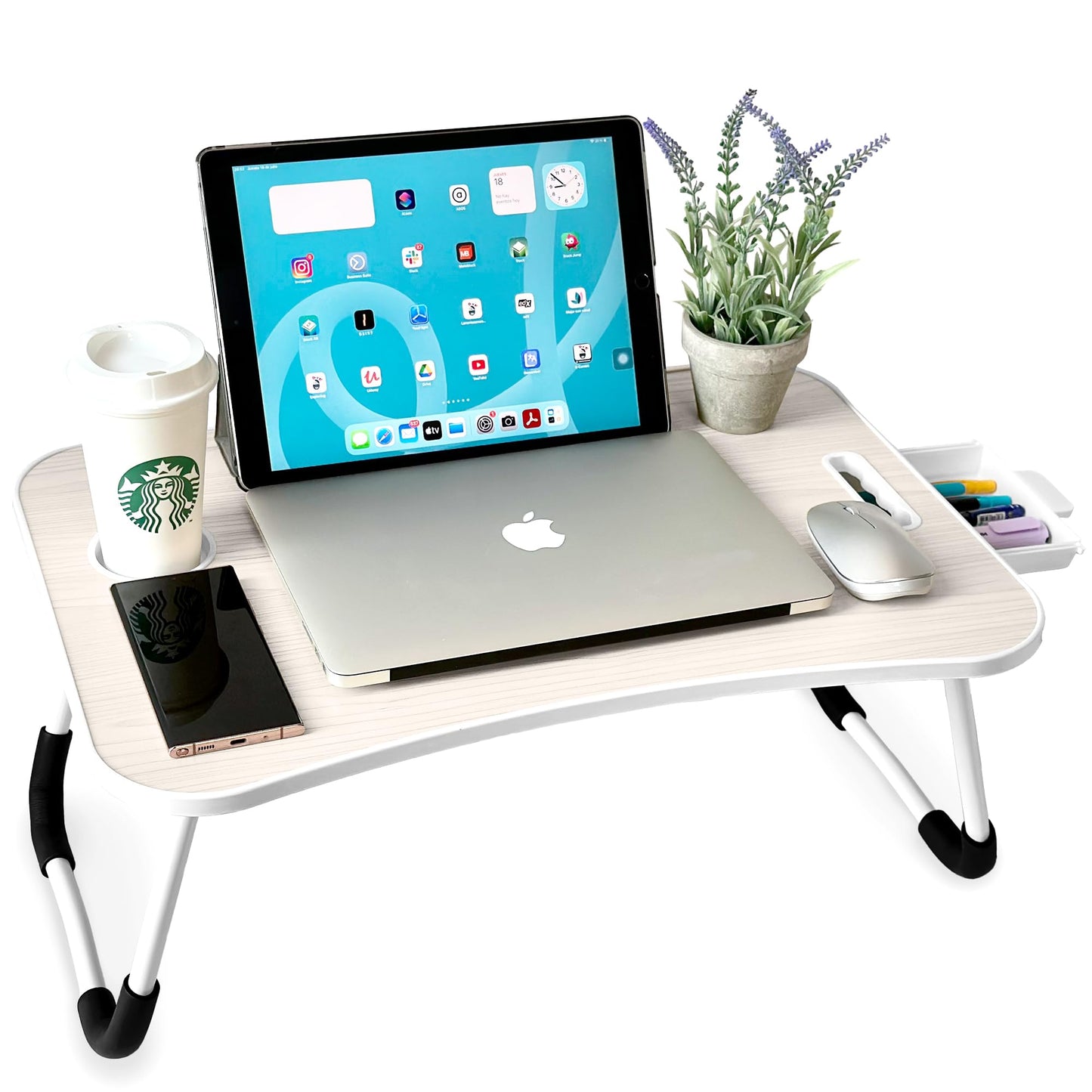 Klappbares Lapdesk mit Getränkehalter und Schublade, Mit schublade Knochenweiß mit Schublade
