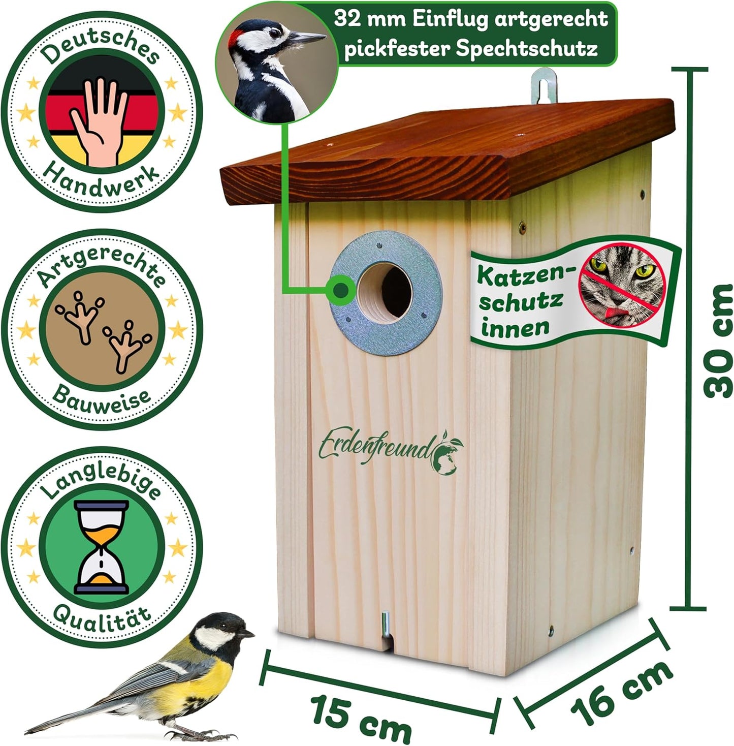 Meisen Nistkasten mit Marder- und Spechtschutz, Kohlmeisen Nistkasten 32 mm Einflug
