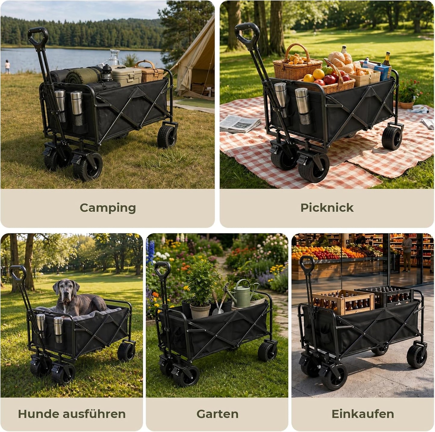 Faltbarer Bollerwagen mit 360° All-Terrain-Rädern