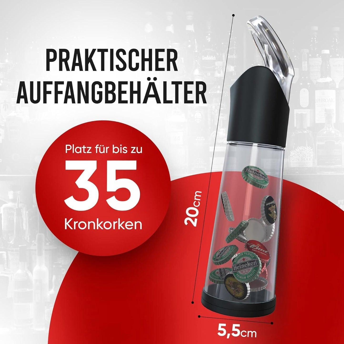 Flaschenöffner mit Auffangbehälter für Kronkorken, Schwarz