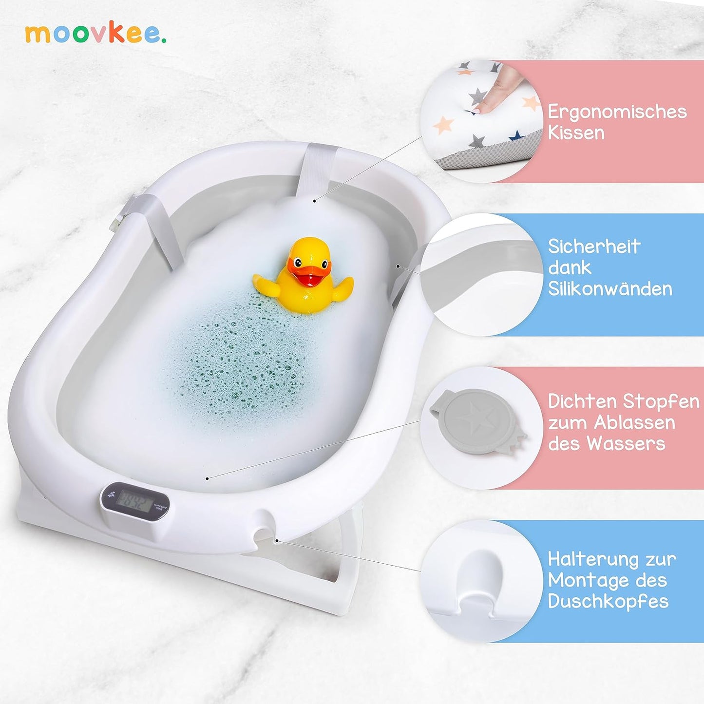 Faltbare Babybadewanne mit Thermometer und Kissen, Grau 21cm Höhe - Faltbare
