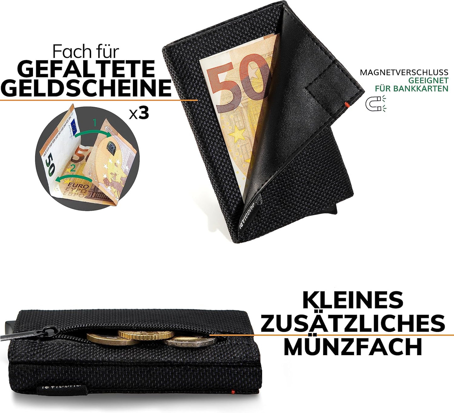 Kartenetui mit RFID-Schutz und Münzfach, Black Carbon Polyester