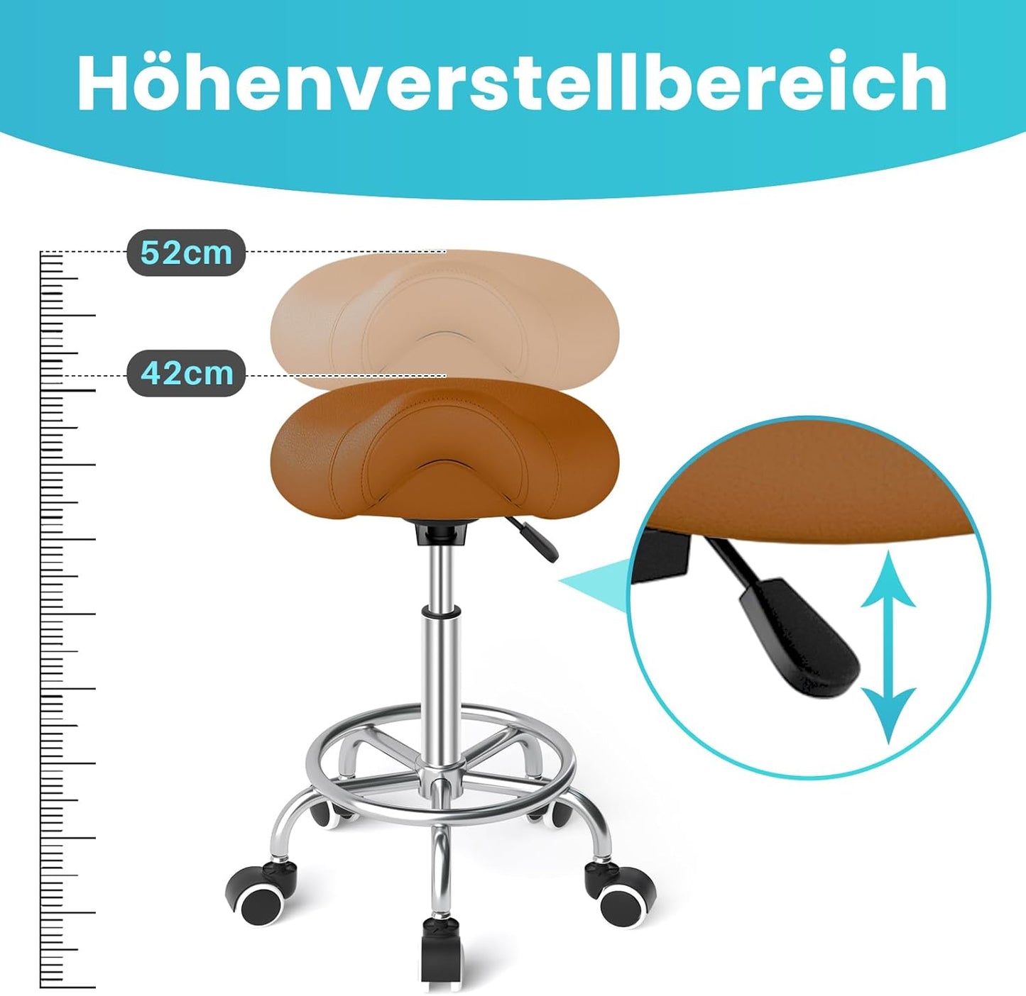 Ergonomischer Sattelhocker mit Rollen und Ringpedal, Braun