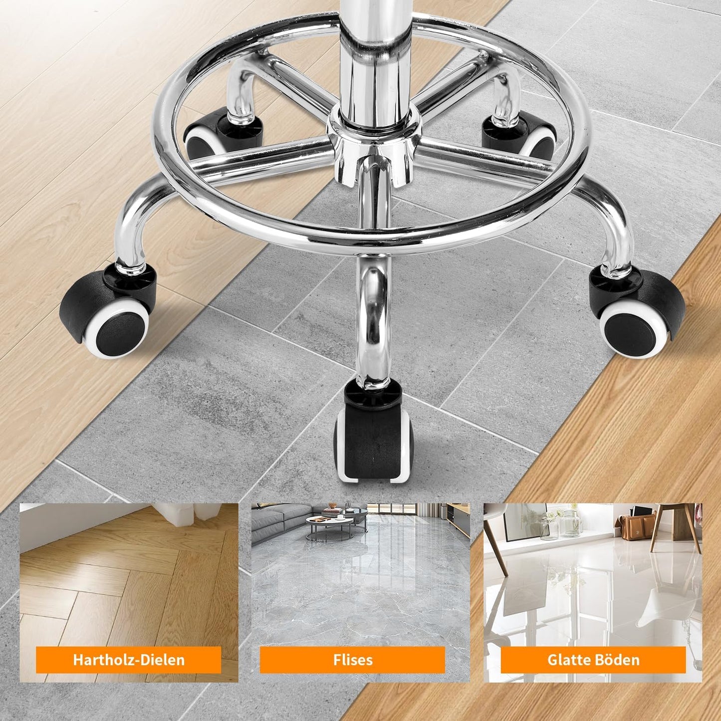Höhenverstellbarer Rollhocker mit Rollen und Fussstütze, Braun1