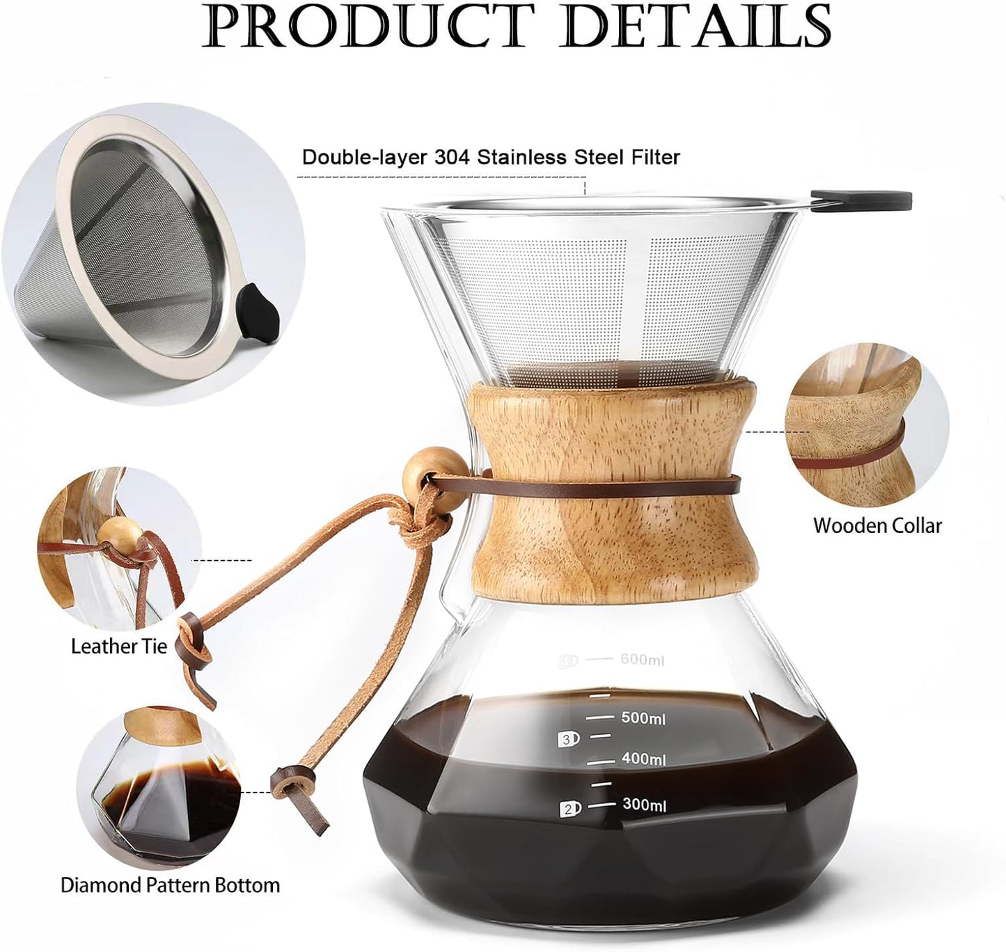 Pour Over Kaffeebereiter mit Edelstahlfilter, 600 ml (Transparent, Steel Filter)