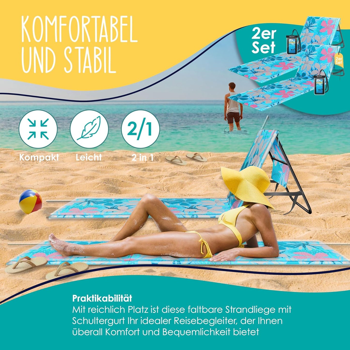 2er-Set klappbare Strandmatten, 2 Stück Hellblau