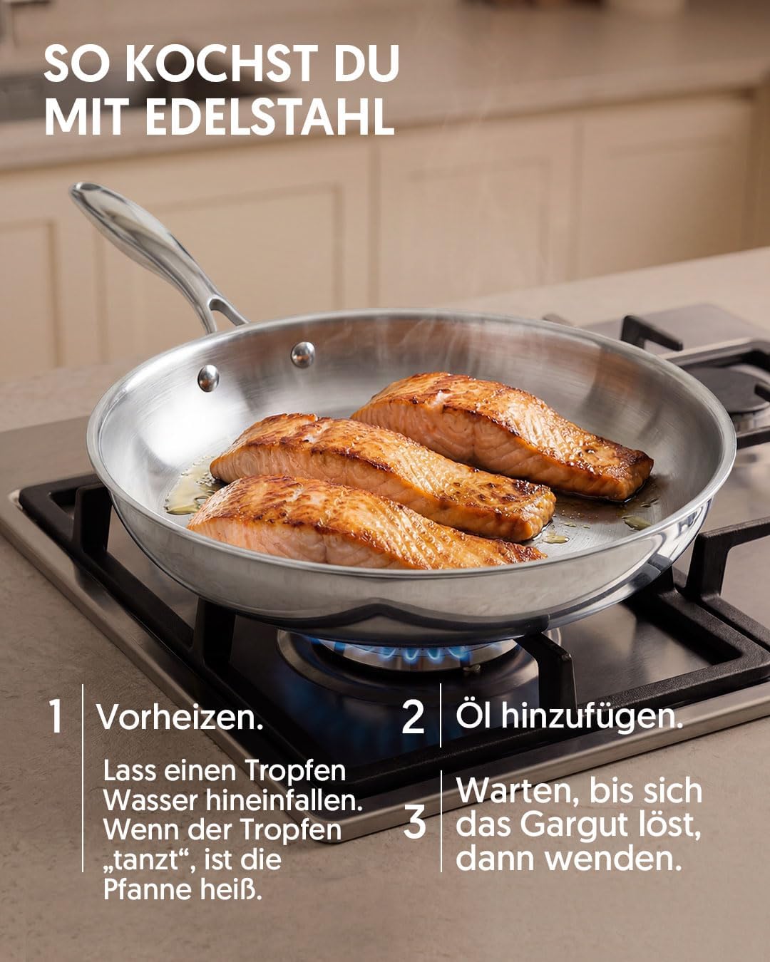 Pfannenset aus Edelstahl (3-teilig, induktionsgeeignet), Set mit 3 Pfannen
