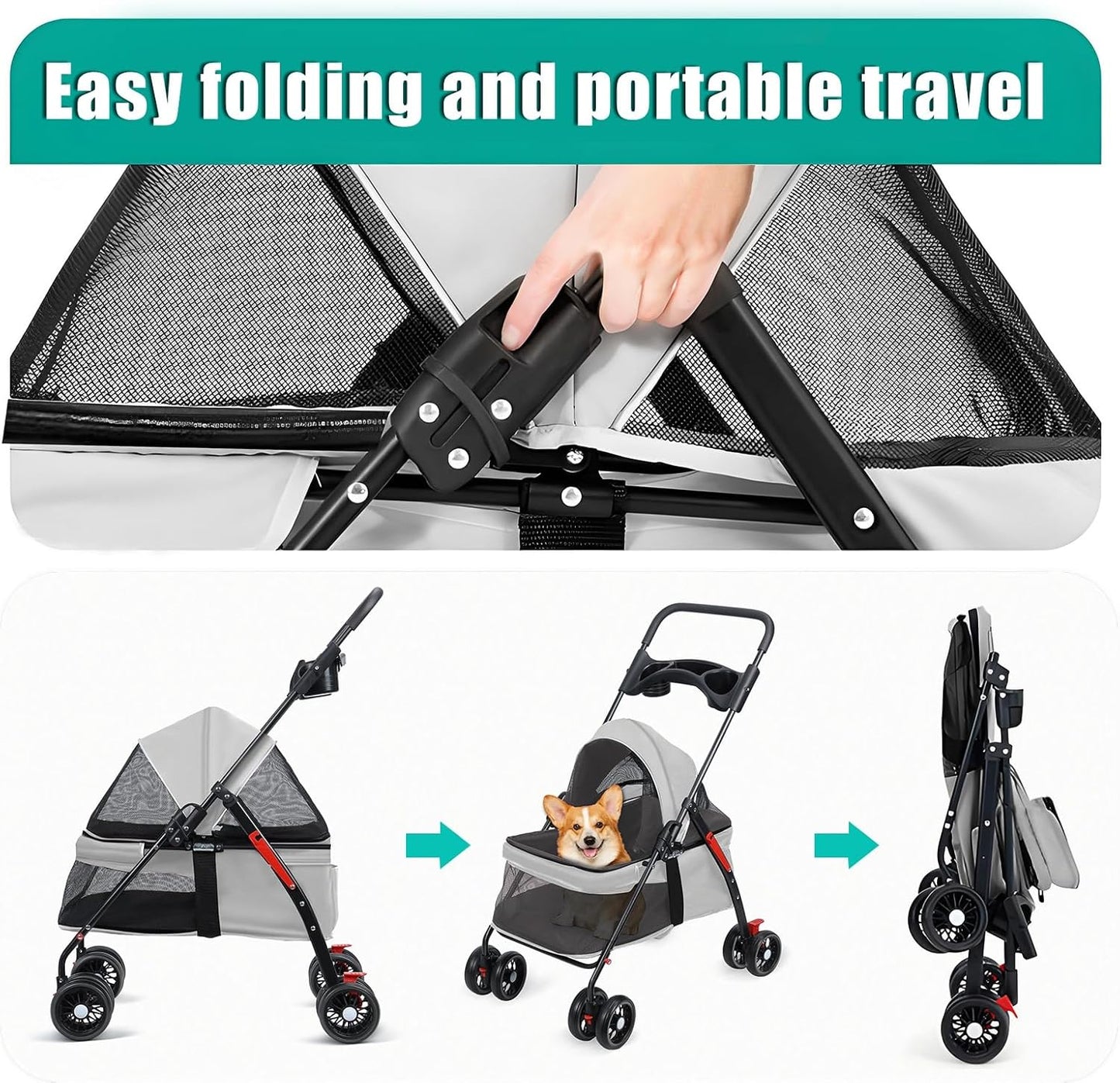 Faltbarer Haustier-Kinderwagen für Hunde und Katzen, grau
