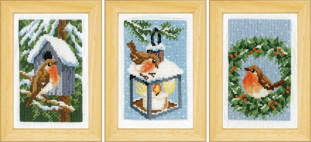 3er-Stickset "Rotkehlchen im Winter"