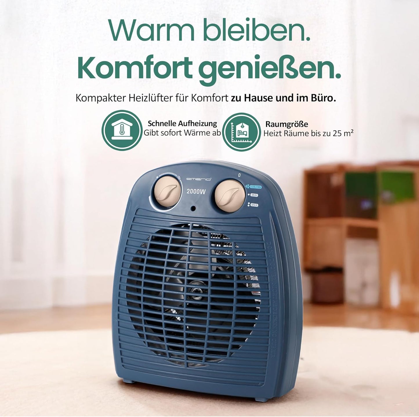 Heizlüfter mit Thermostat & Ventilatorfunktion, Blau