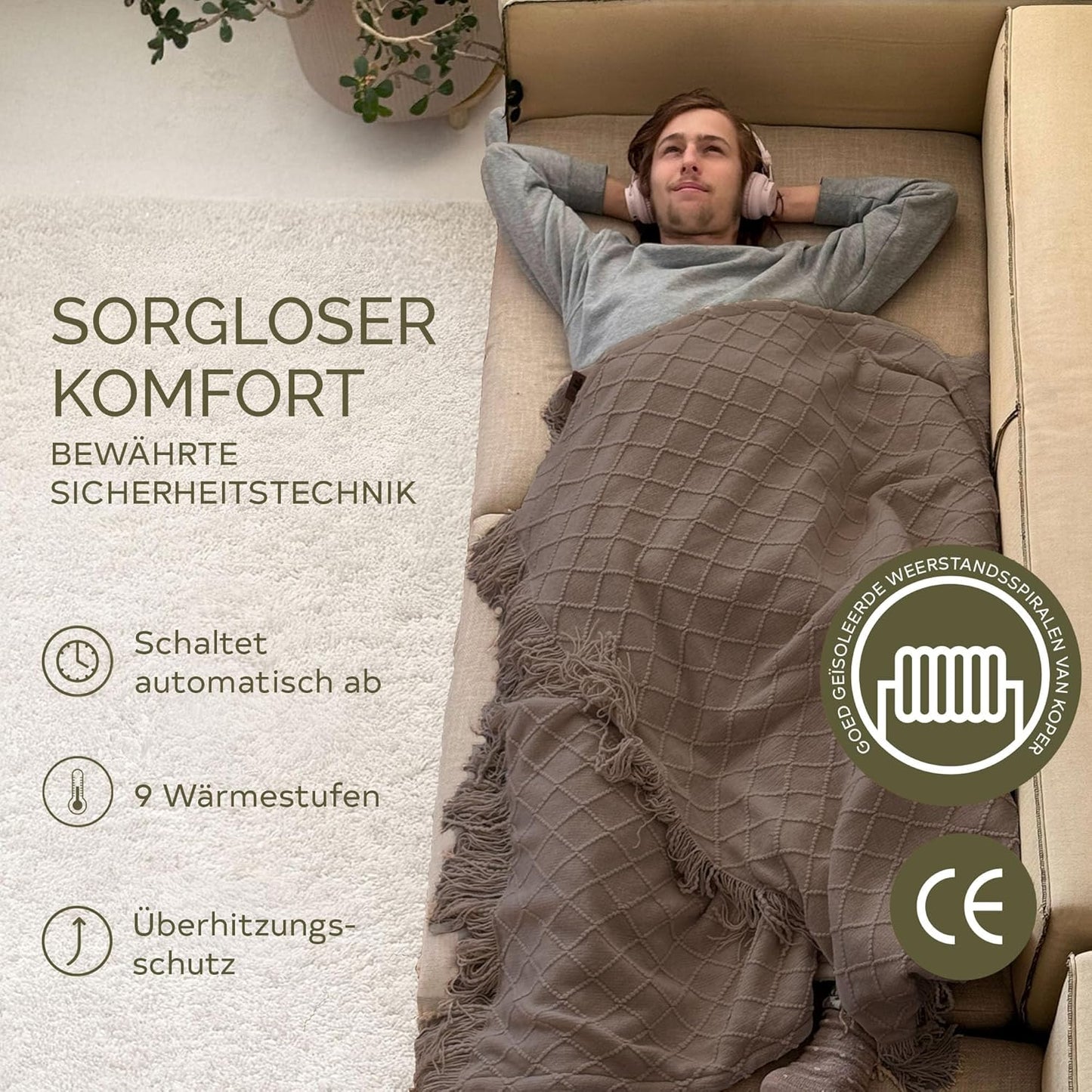 Sofa Heizdecke Bohem mit 9 Heizstufen & Auto-Off Timer, Umber Wood