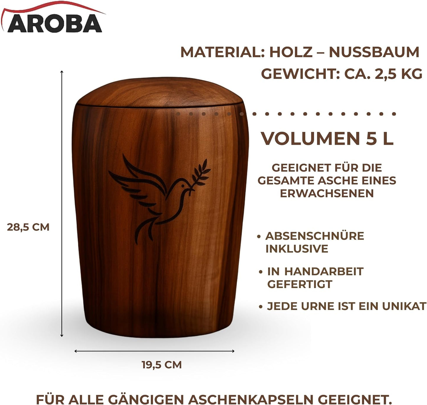 Handgefertigte Gedenkurne mit Vogelgravur, Walnuss- Taube