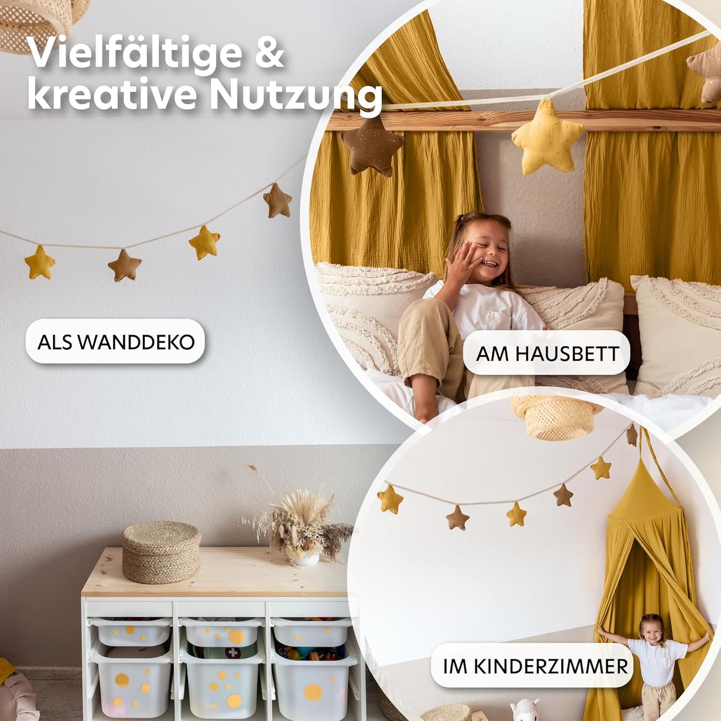 Sternenkette mit Goldapplikation, Senfgelb & Nougat Sterne mit Goldapplikation