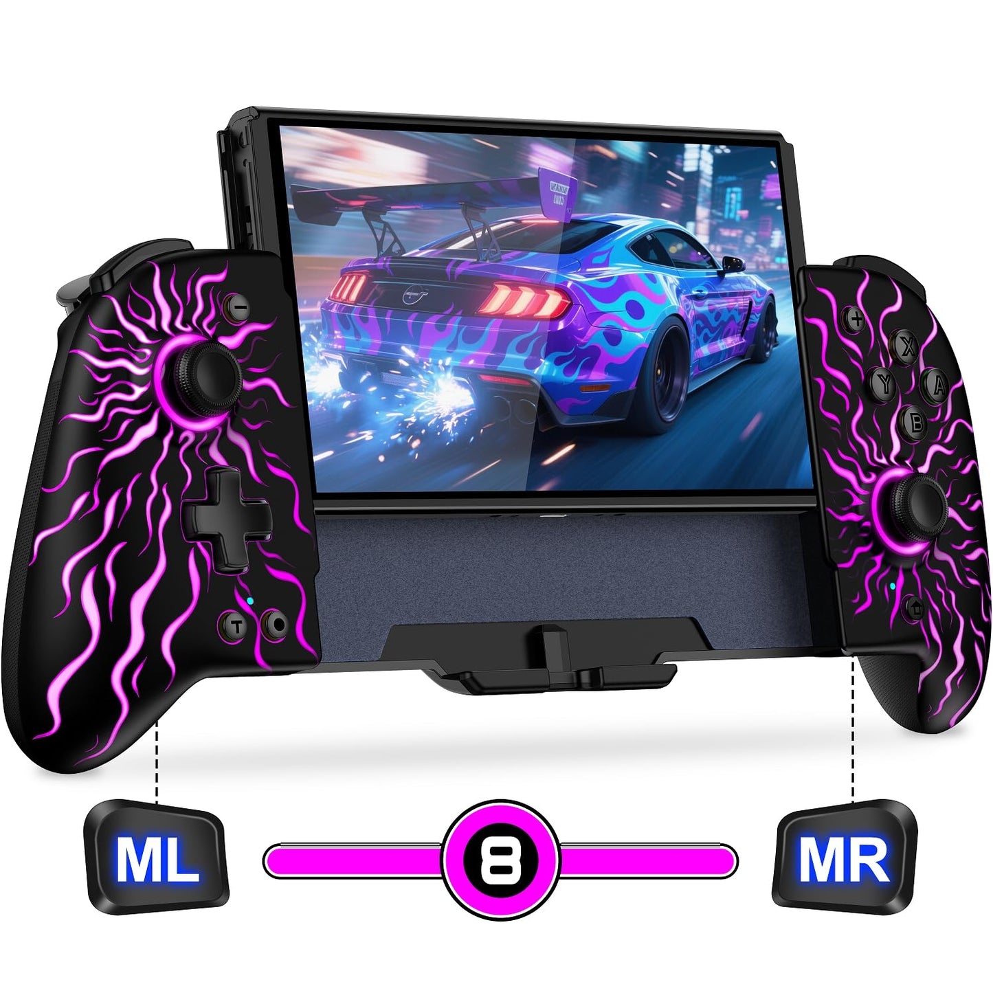 Bluetooth-Controller für Switch mit RGB und Makro-Funktion, Schwarz Flammen Muster