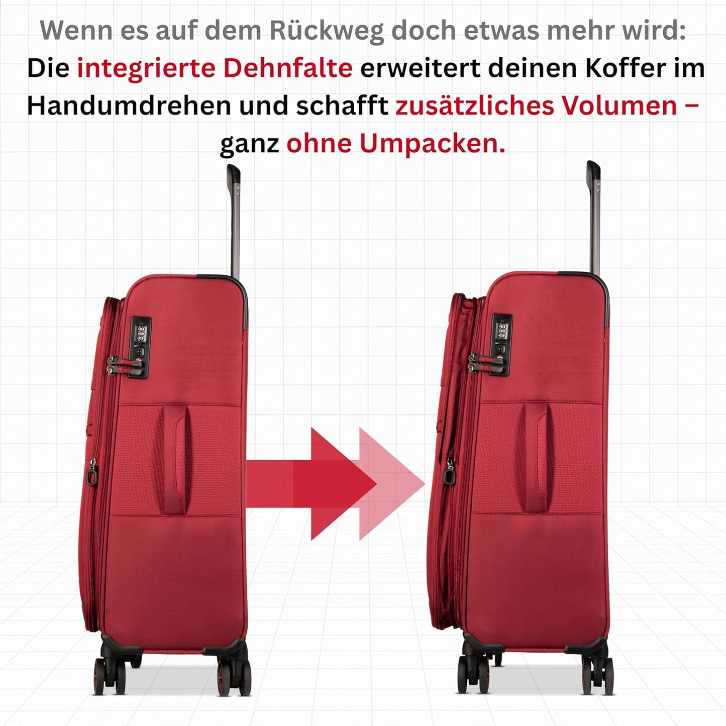 Weichschalenkoffer mit Dehnfalte und 4 Rollen, L Rot