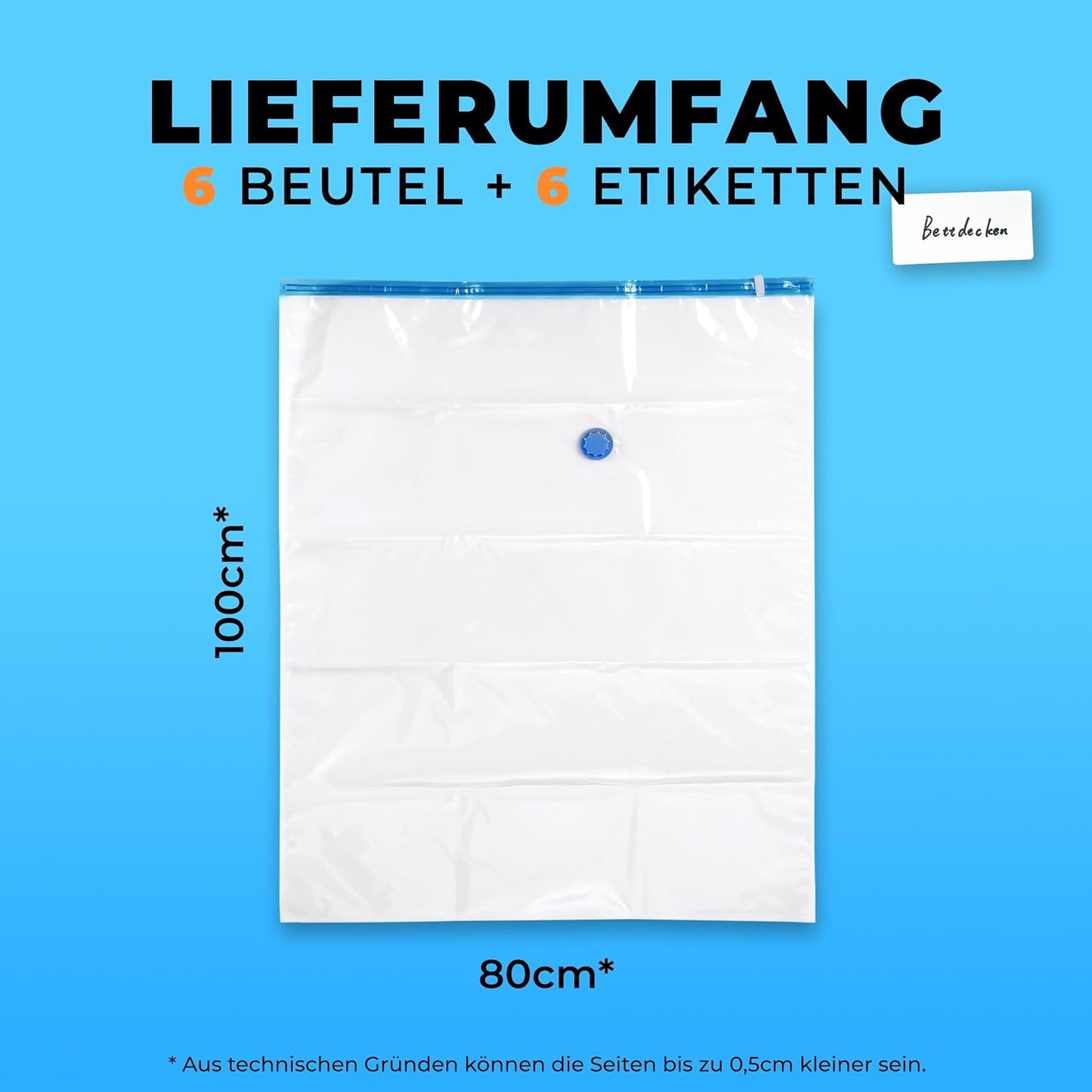 XXL Vakuumbeutel-Set für Kleidung & Bettdecken (6 Stück), 100x80cm - XXL (80µ)