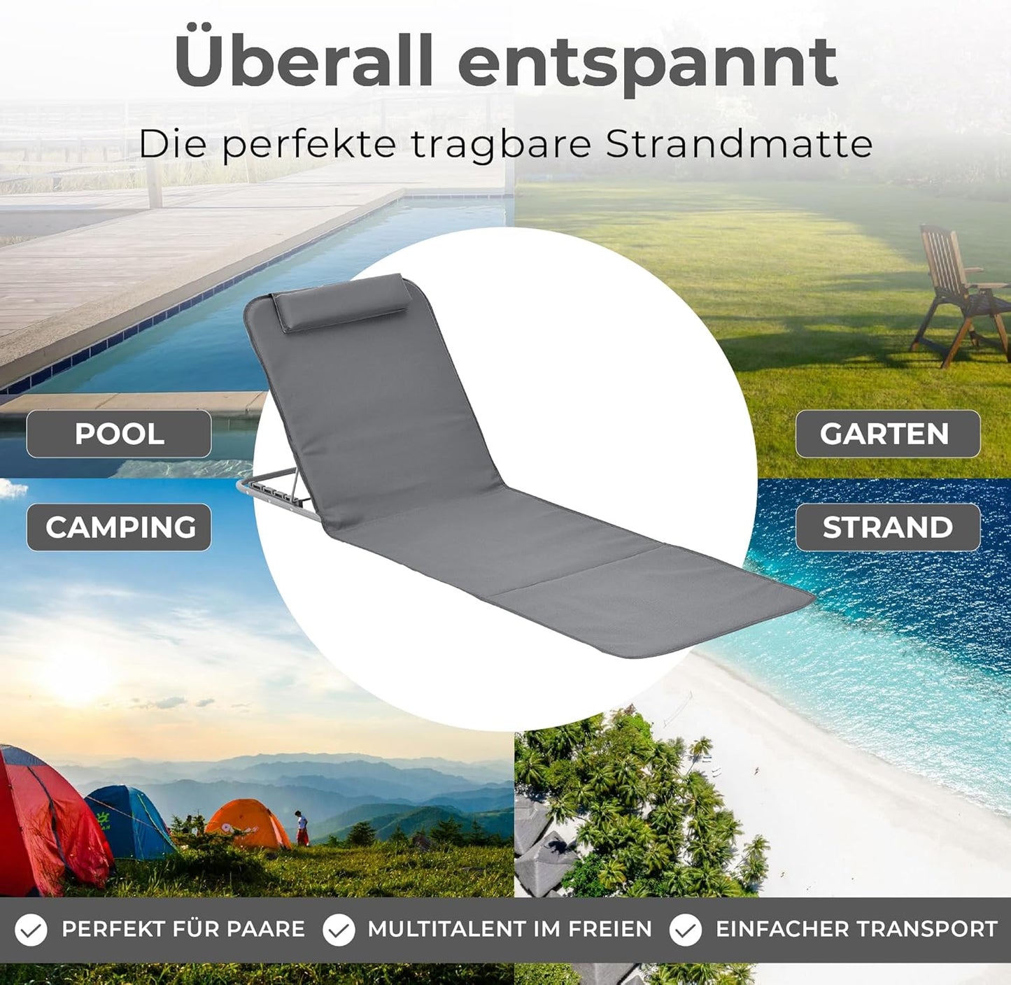 Strandmatten 2er-Set mit verstellbarer Rückenlehne, Dunkelgrau