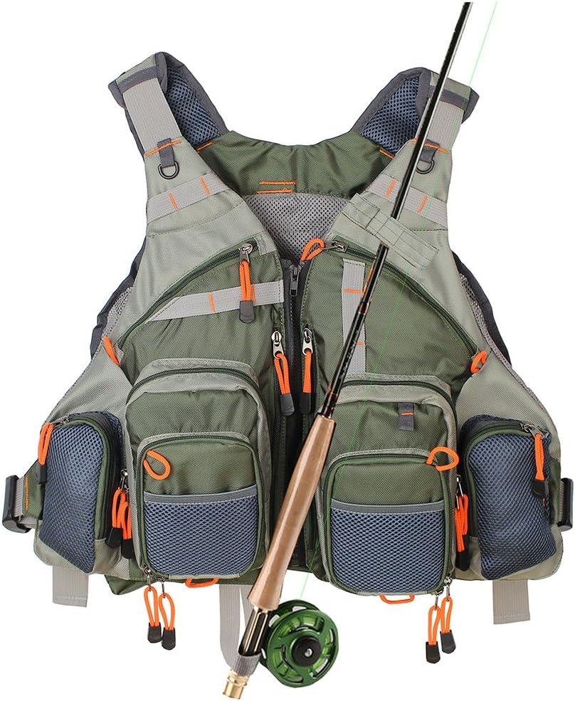 Fliegenfischen Weste mit Multi-Taschen, Einheitsgröße Grün