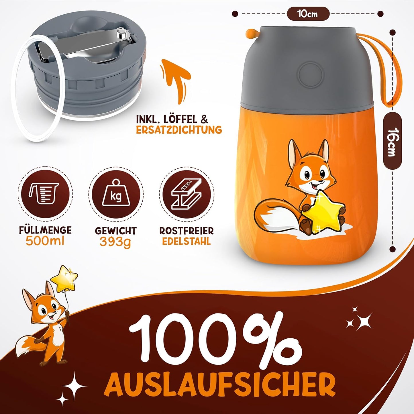 Thermobehälter für Essen Kinder 500ml, Edelstahl, Orange