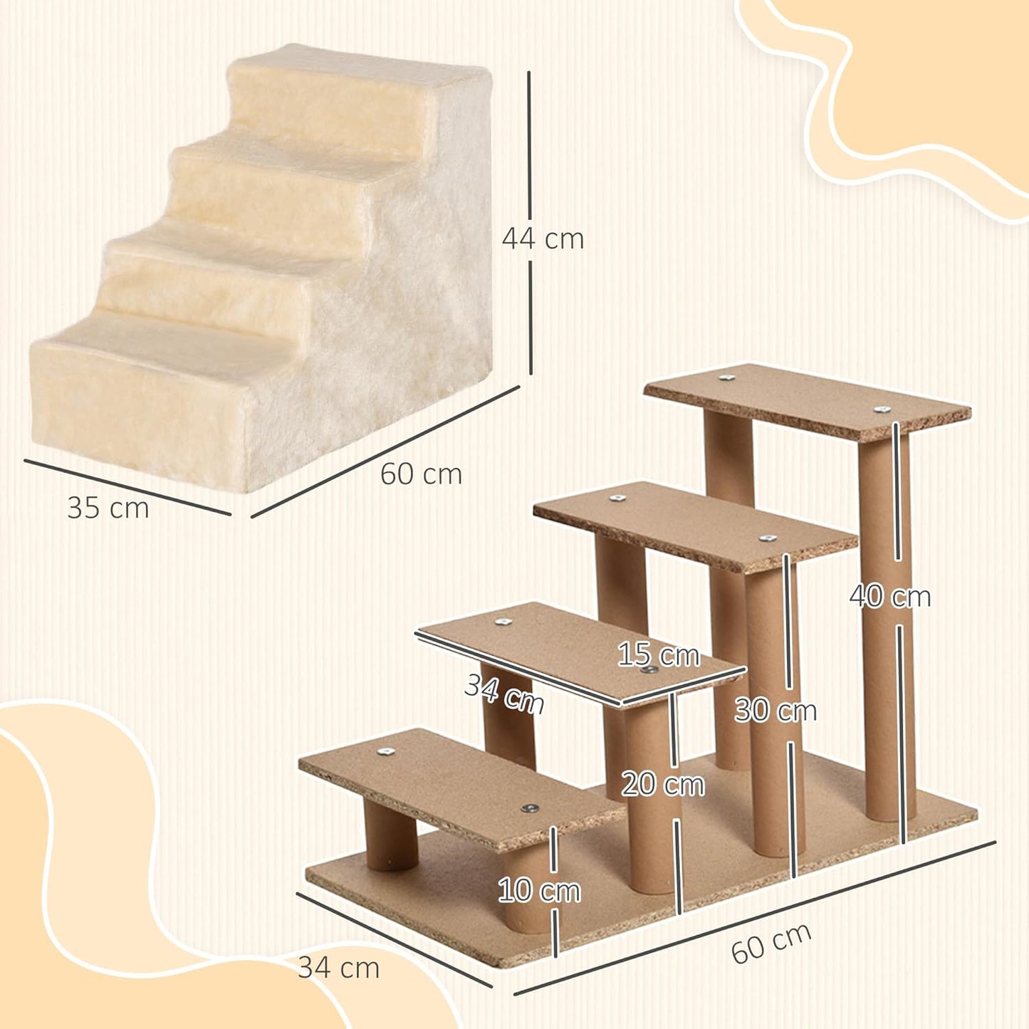 Haustiertreppe mit abnehmbarem Bezug, Beige 60L x 35B x 44H cm