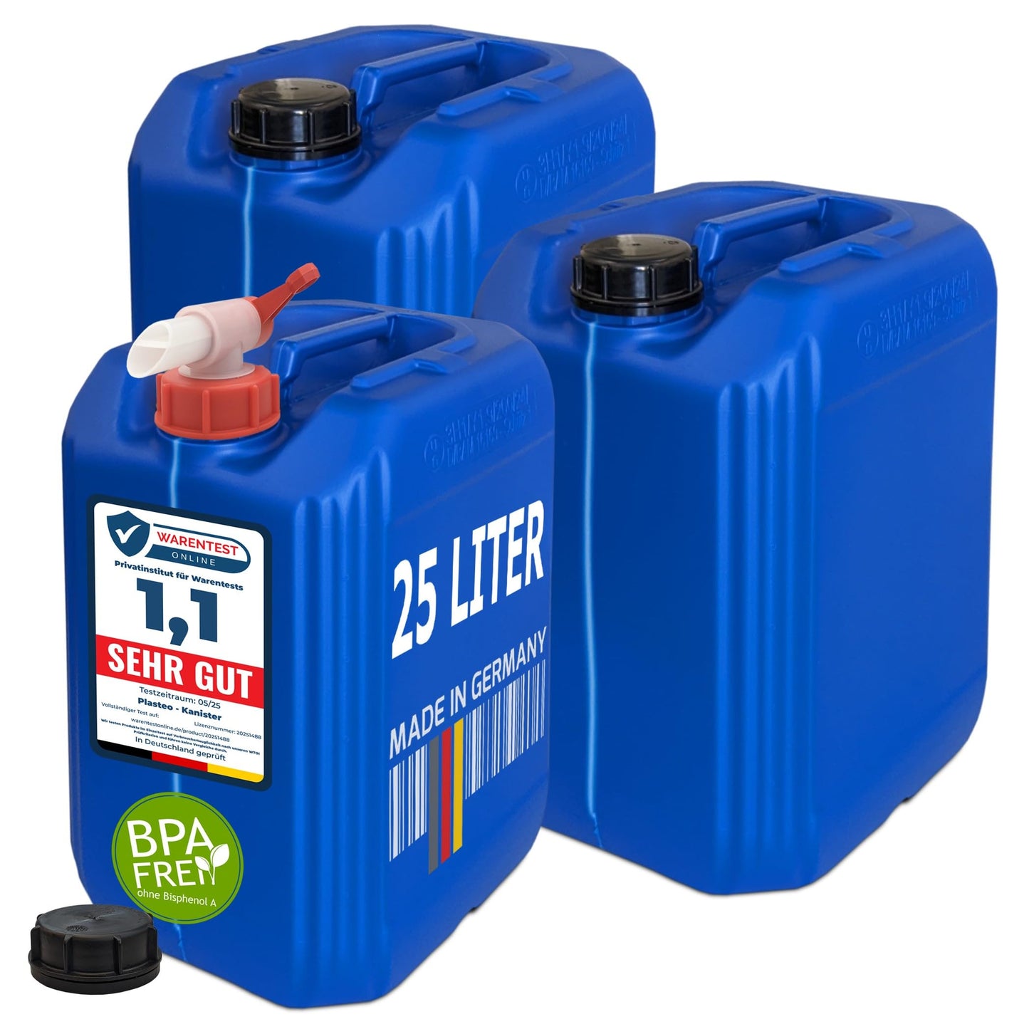 3x 25L Wasserkanister mit Hahn und 3 Schraubdeckeln