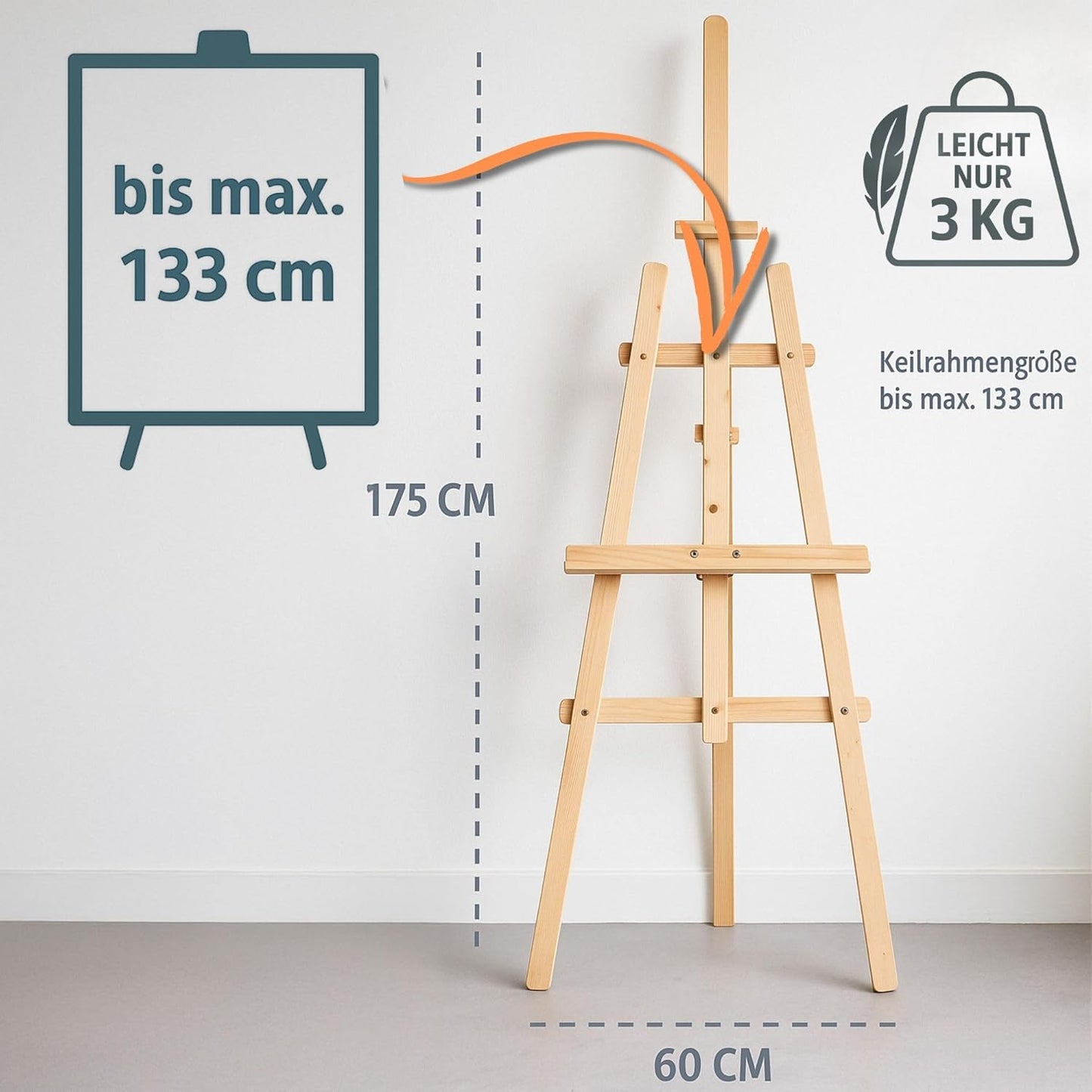 Staffelei mit 3-Fuss-Konstruktion, Kieferholz 175 cm