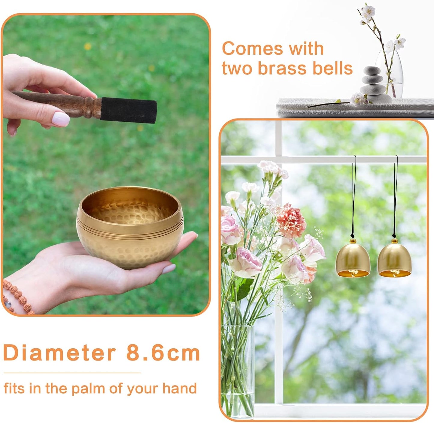 Tibetisches Klangschalen-Set mit Messingglocken, 8.6cm