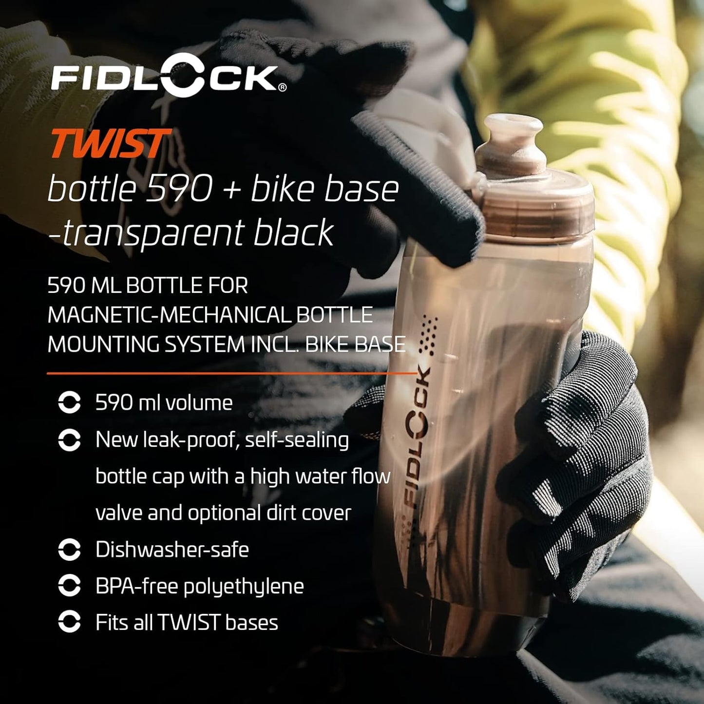 bottle 590 + bike base Trinkflasche mit Magnethalterung, transparent black 590 ml