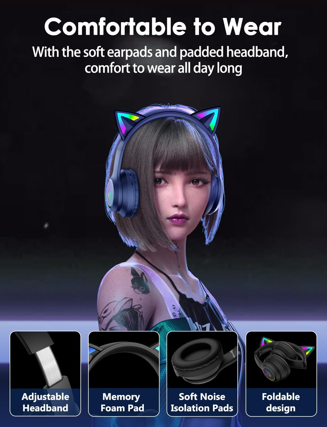 Bluetooth-Kopfhörer mit LED-Katzenohren, Cat-Ear Bluetooth