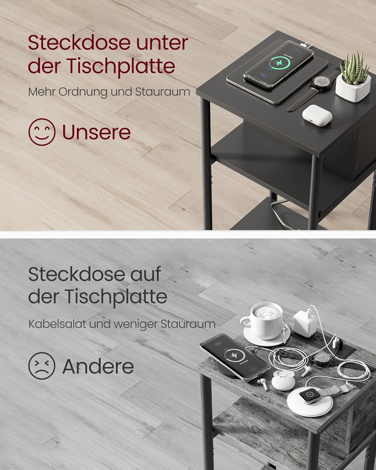 Beistelltisch mit Steckdose und USB-Anschlüssen, Schwarz