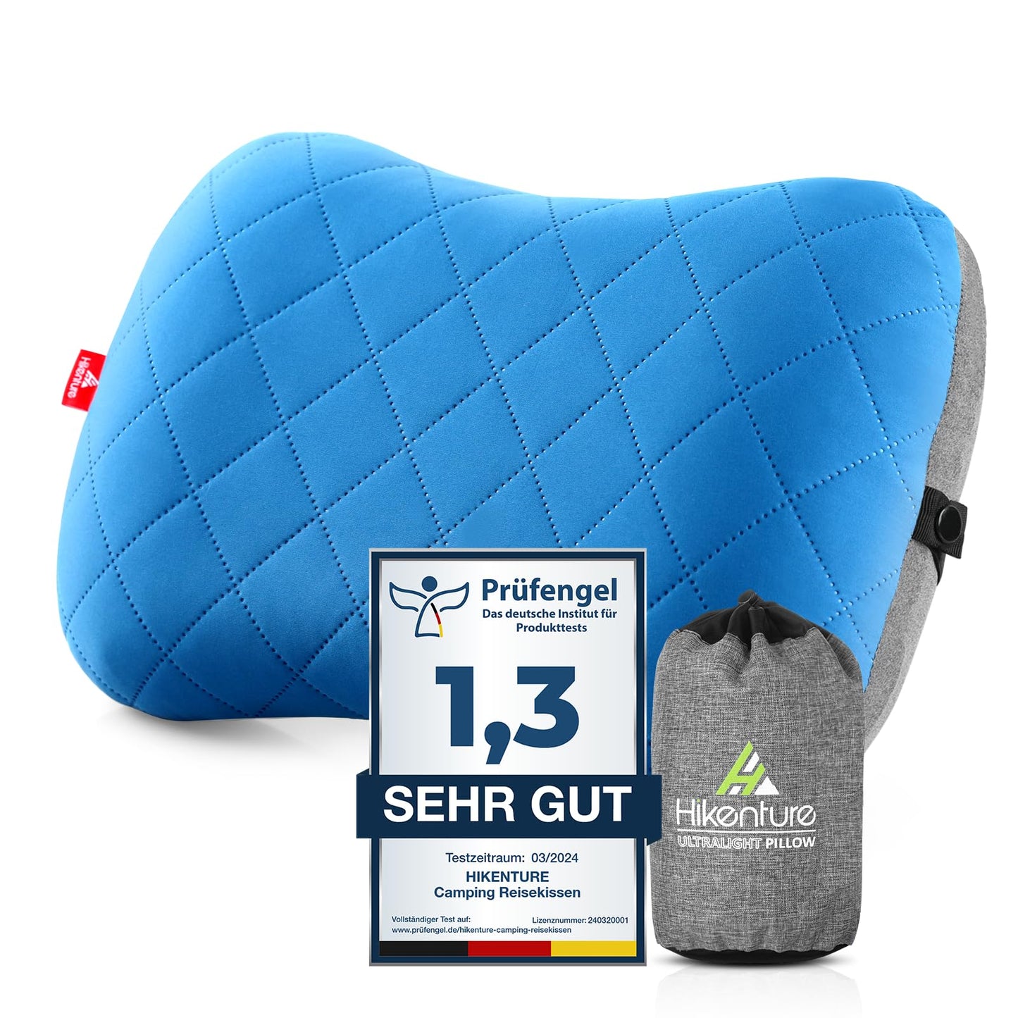 Aufblasbares Camping- und Reisekissen mit Kissenbezug, Blau