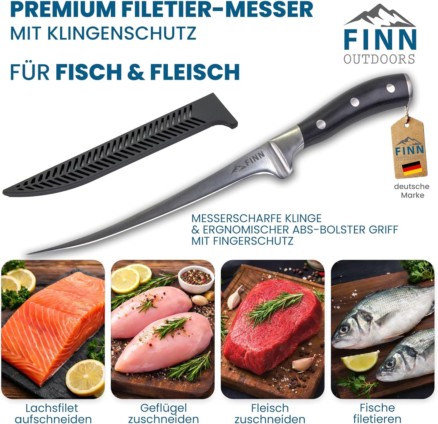 Filetiermesser mit flexiblem Edelstahlblatt und Klingenschutz