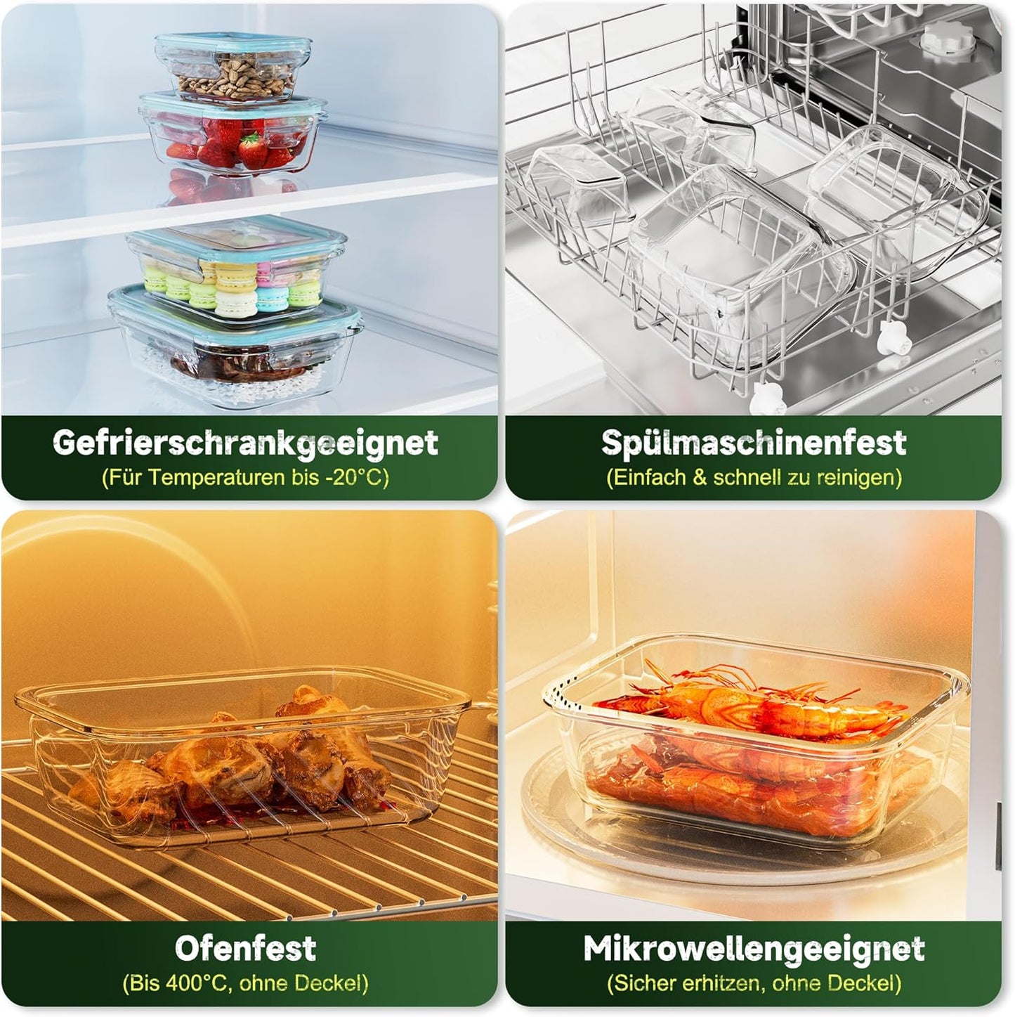 Glas-Frischhaltedosen 4er Set (versch. Grössen), 4er Set – 180ml + 370ml + 640ml + 1040ml