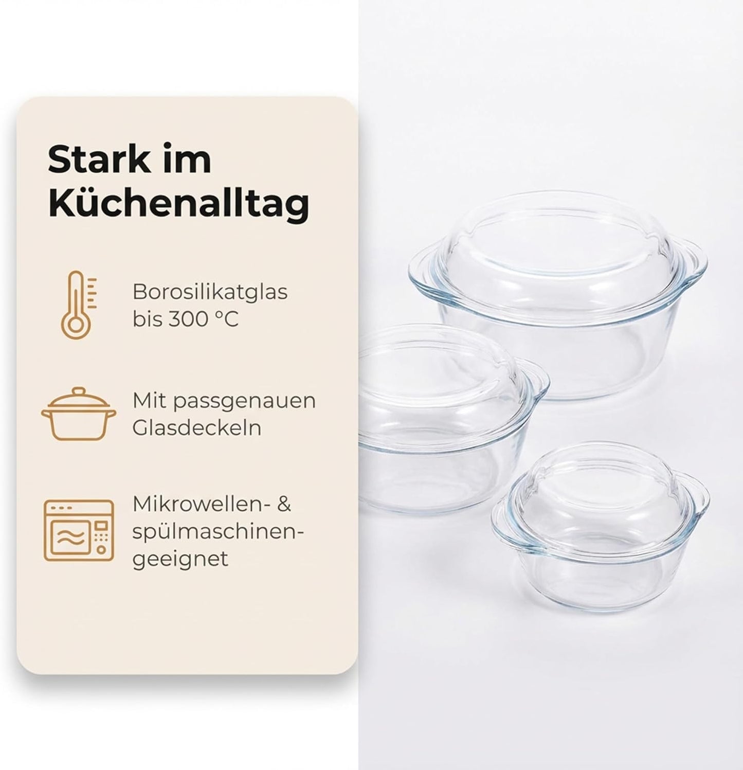 Runde Auflaufformen 3er-Set, mit Deckel, Pasabahce Borcam Serie, Auflaufformen 3tlg. rund mit Deckel